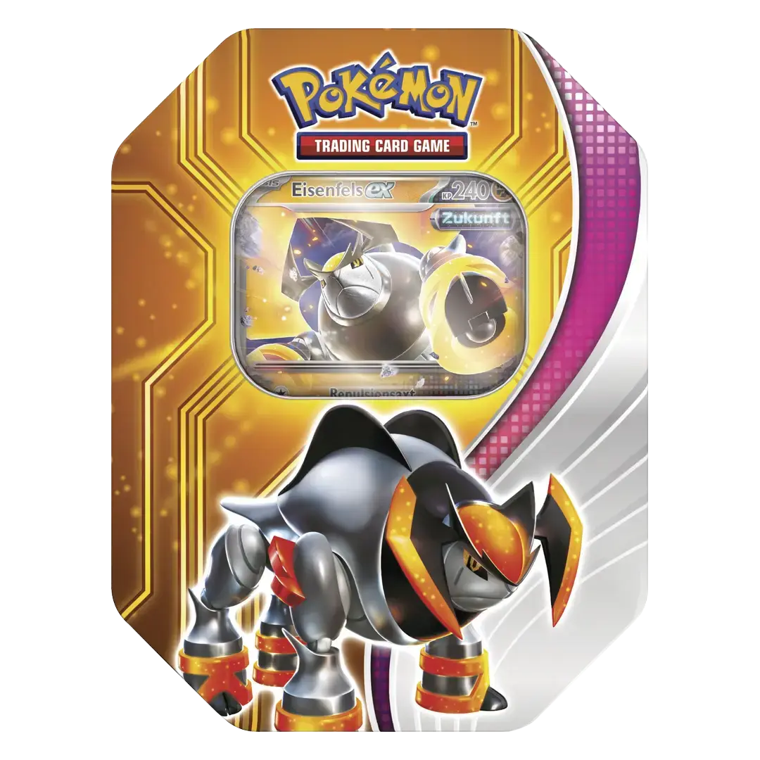 Frontansicht einer Pokemon Paradox Destinies Eisenfels ex Tin Box in deutsch