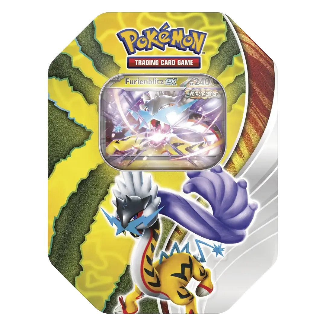 Frontansicht einer Pokemon Paradox Destinies Furienblitz ex Tin Box in deutsch