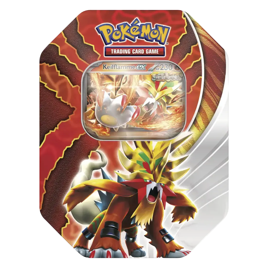 Frontansicht einer Pokemon Paradox Destinies Keilflamme ex Tin Box in deutsch