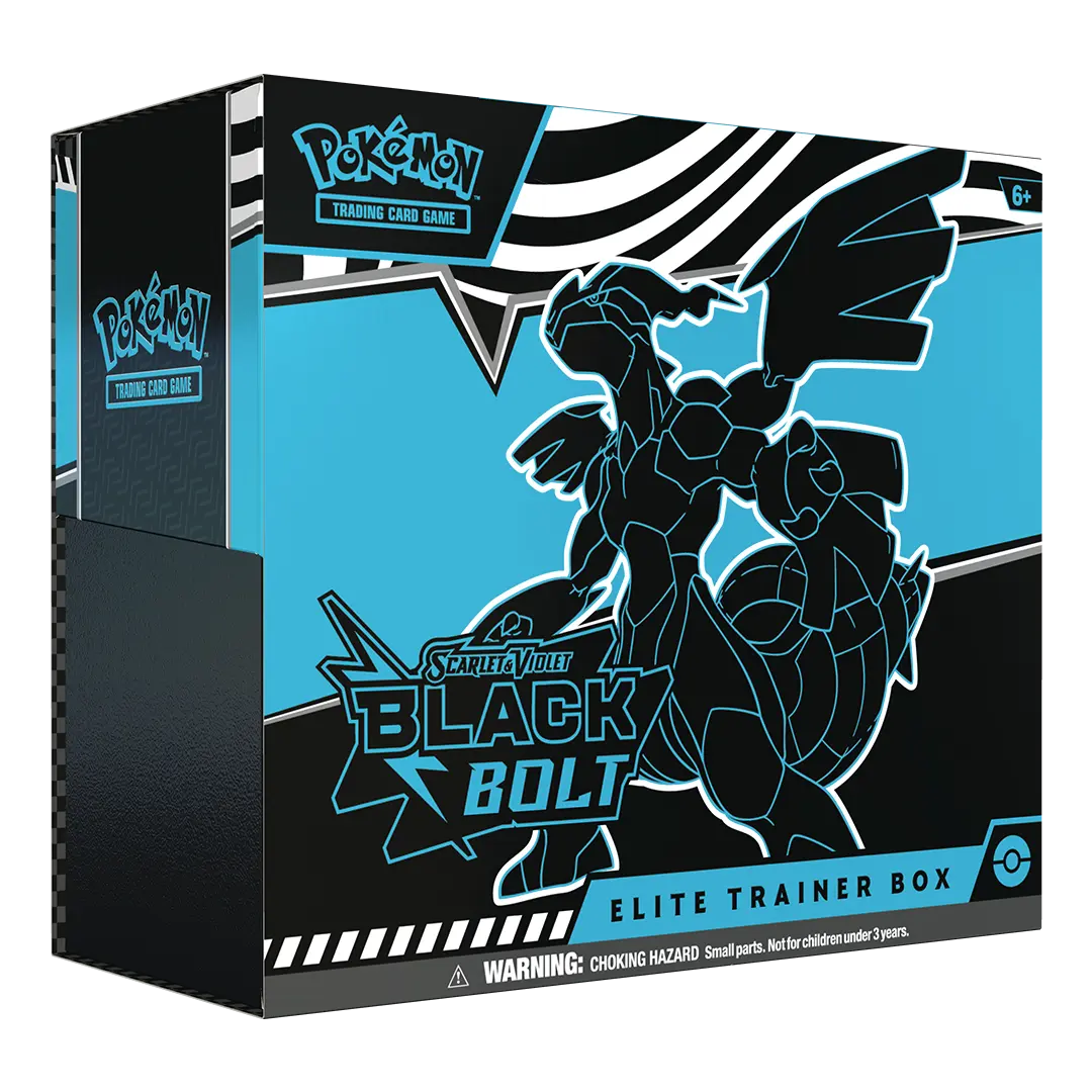 Frontansicht einer Pokemon Scarlet & Violet Black Bolt Elite Trainer Box in englisch
