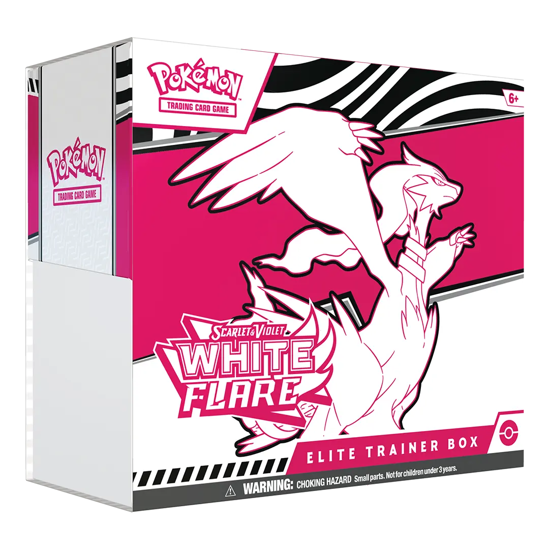 Frontansicht einer Pokemon Scarlet & Violet White Flare Elite Trainer Box in englisch