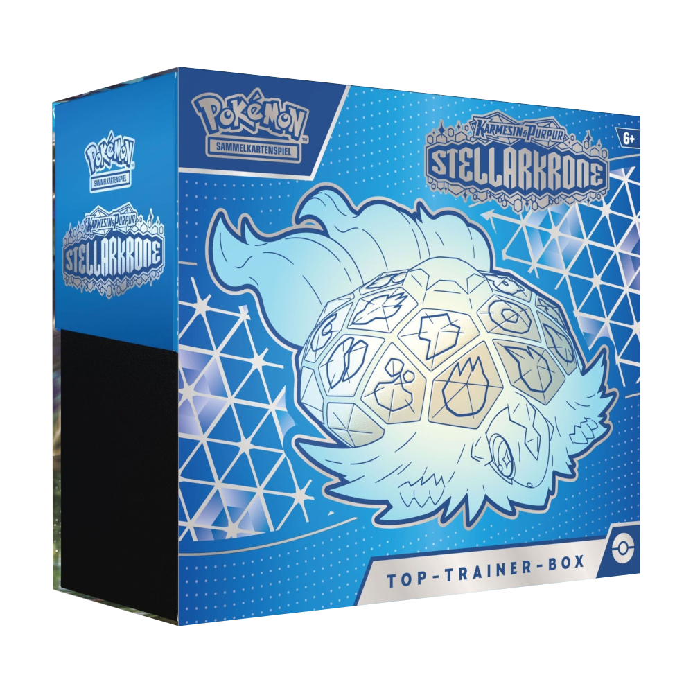 Frontansicht einer Pokemon Scarlet Violet Stellar Crown Elite Trainer Box in englisch