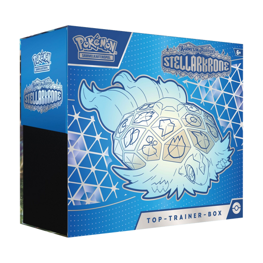 Frontansicht einer Pokemon Scarlet Violet Stellar Crown Elite Trainer Box in englisch
