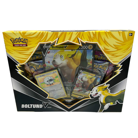 Frontansicht einer Pokemon Boltund V Box in englisch