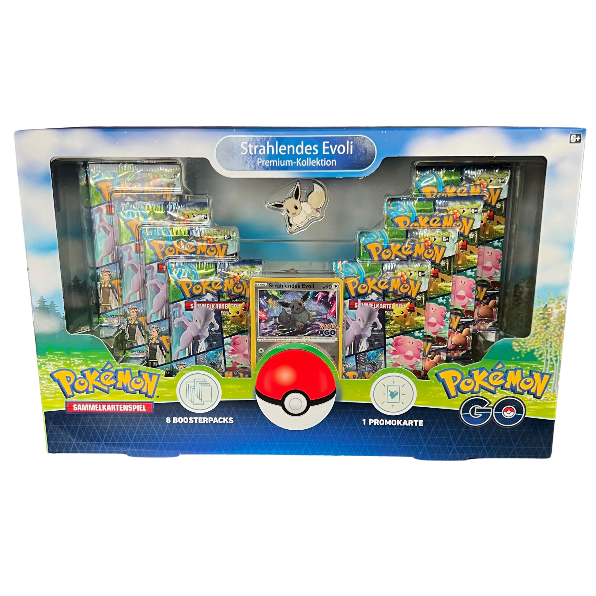Frontansicht einer Pokemon GO Premium Kollektion Strahlendes Evoli in deutsch