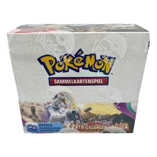 Frontansicht eines Pokemon Karmesin & Purpur Entwicklungen in Paldea Booster Display deutsch