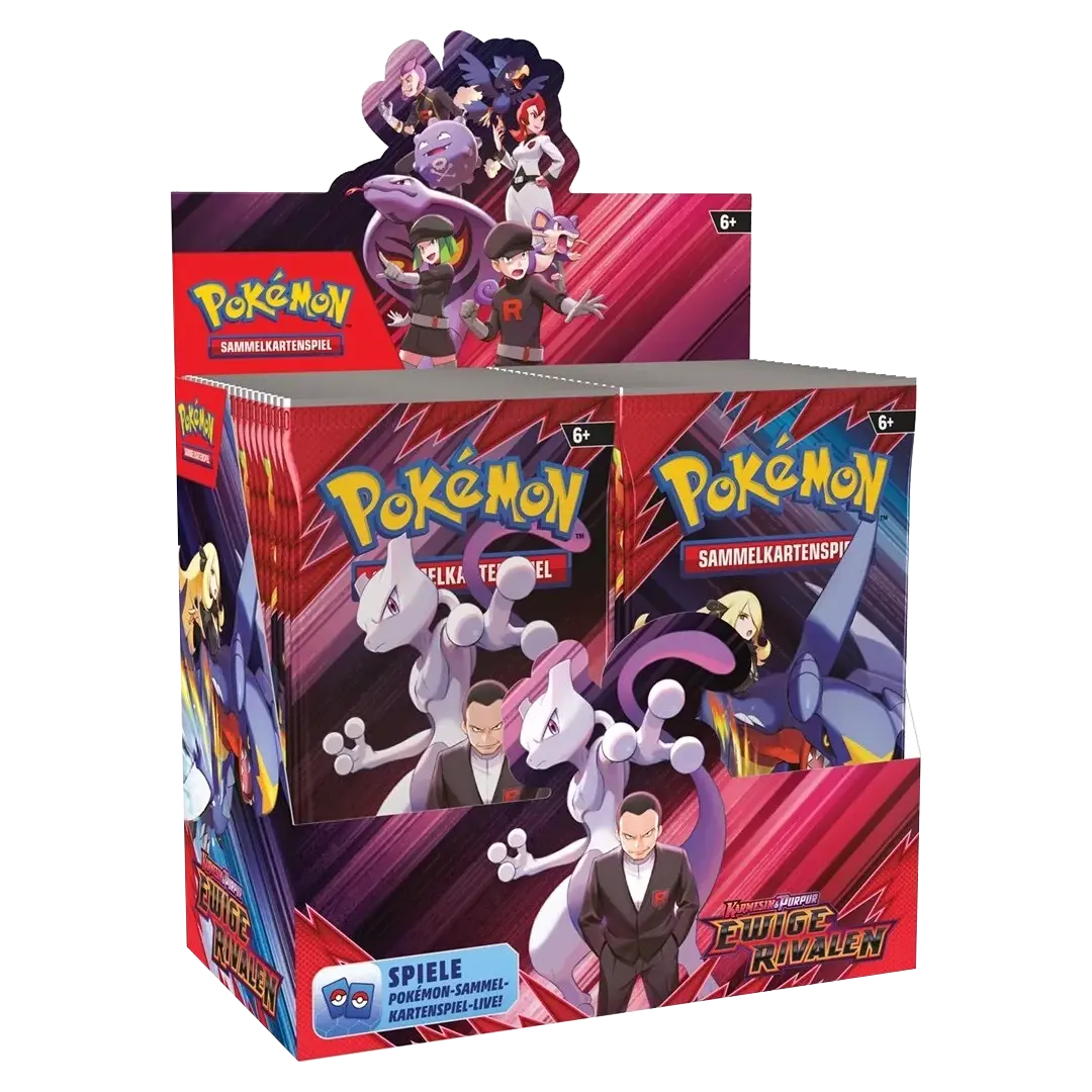 Frontansicht eines Pokemon Karmesin & Purpur Ewige Rivalen Booster Displays in deutsch
