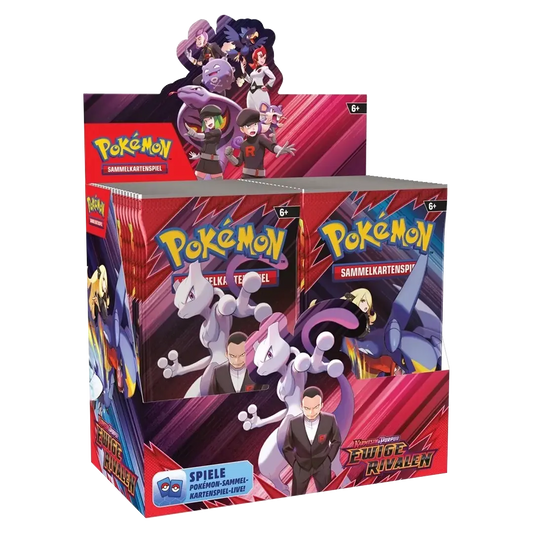 Frontansicht eines Pokemon Karmesin & Purpur Ewige Rivalen Booster Displays in deutsch