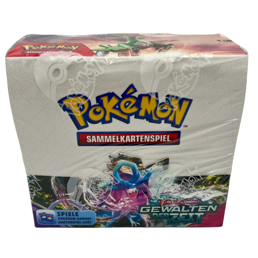 Frontansicht eines Pokemon Karmesin & Purpur Gewalten der Zeit Booster Displays in deutsch