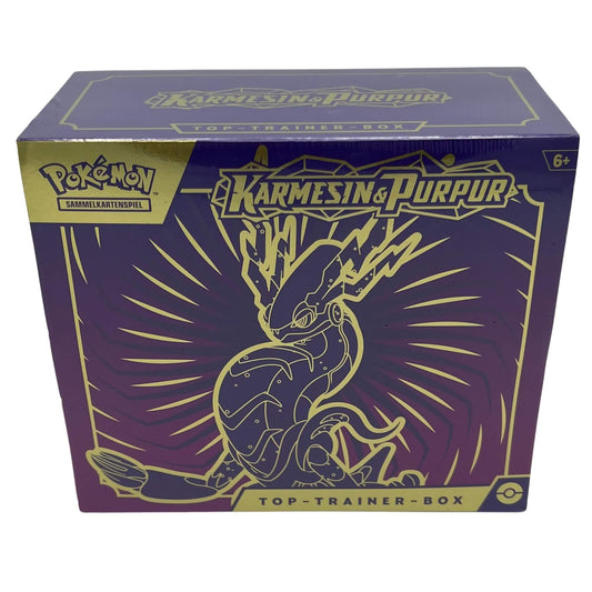 Frontansicht einer Pokemon Karmesin & Purpur Miraidon Top Trainer Box deutsch