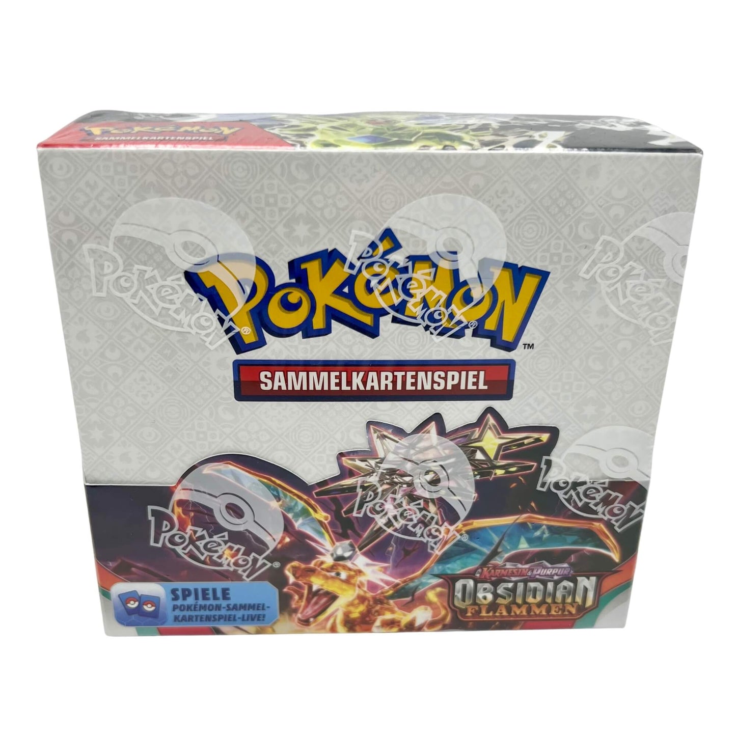 Frontansicht eines Pokemon Karmesin & Purpur Obsidianflammen Booster Display deutsch