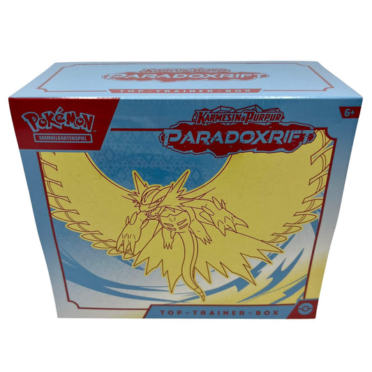 Frontansicht einer Pokemon Karmesin & Purpur Paradox Rift Donnersichel Top Trainer Box deutsch