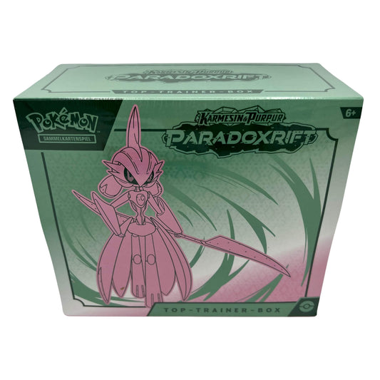 Frontansicht einer Pokemon Karmesin & Purpur Paradox Rift Eisenkrieger Top Trainer Box deutsch
