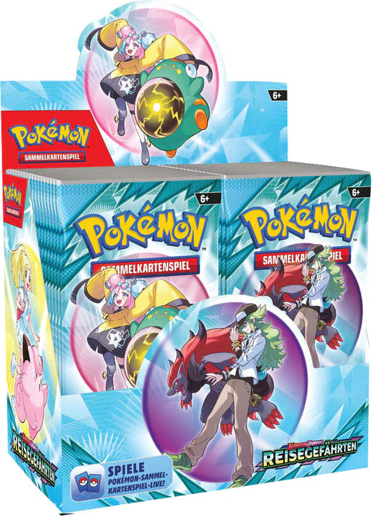 Frontansicht eines Pokemon Karmesin &amp; Purpur Reisegefährten Booster Displays in deutsch