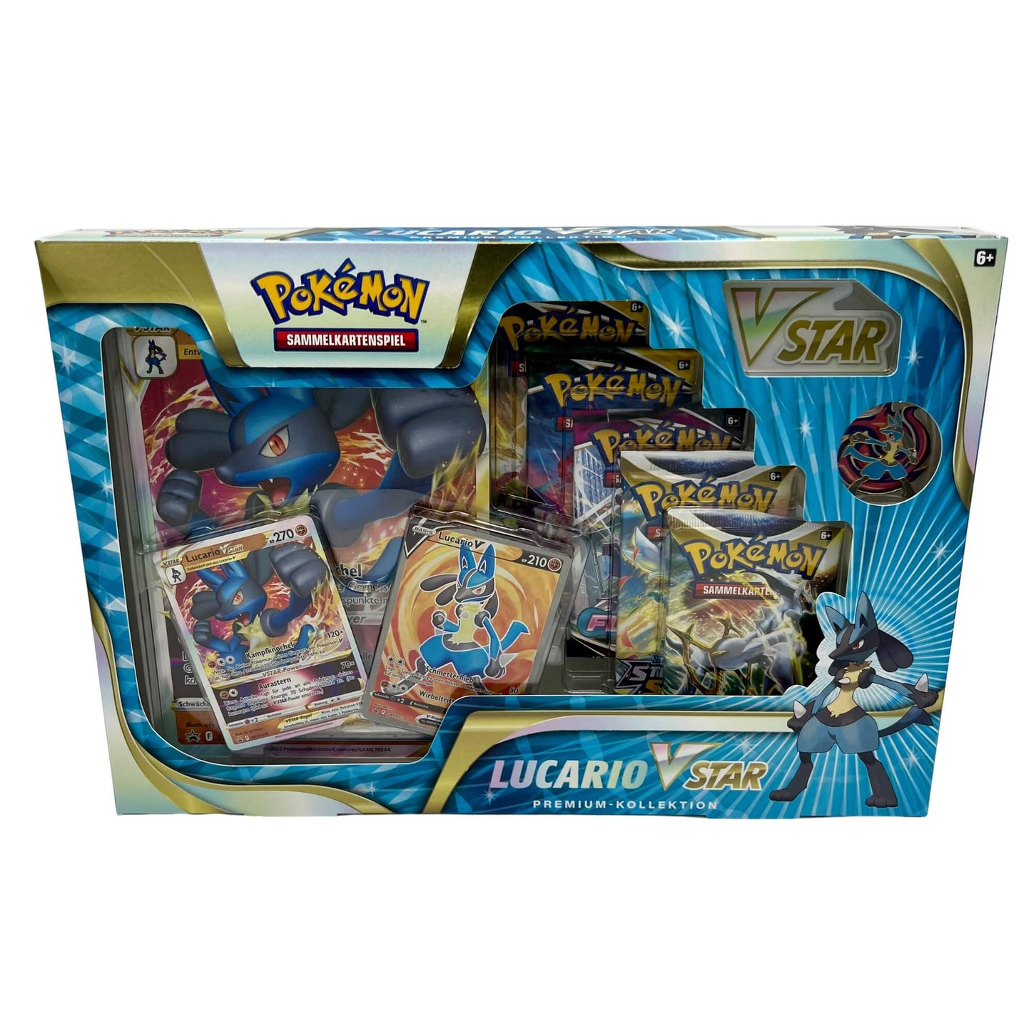 Frontansicht einer Pokemon Lucario V-Star Premium Kollektion deutsch