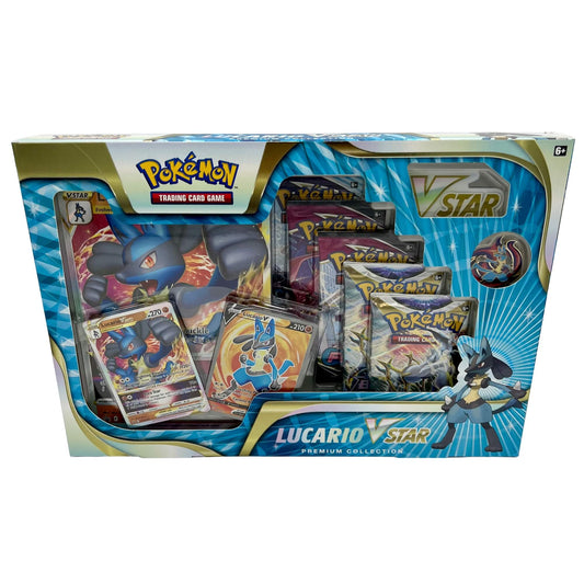 Frontansicht einer Pokemon Lucario V-Star Premium Kollektion englisch