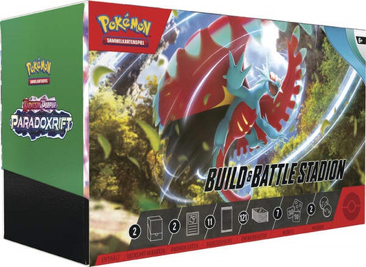 Frontansicht einer Pokemon Paradoxrift Build & Battle Stadium Box in deutsch