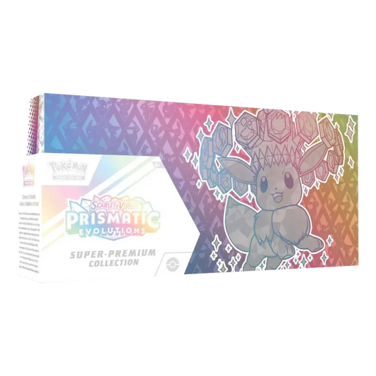 Frontansicht einer Pokemon Prismatic Evolutions Super Premium Collection in Englisch