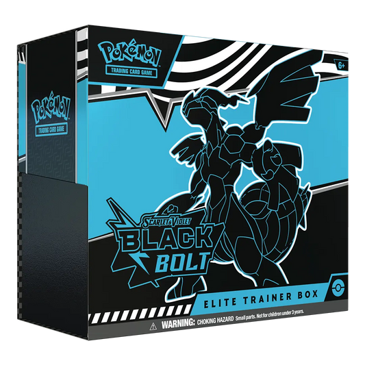 Frontansicht einer Pokemon Scarlet & Violet Black Bolt Elite Trainer Box in englisch