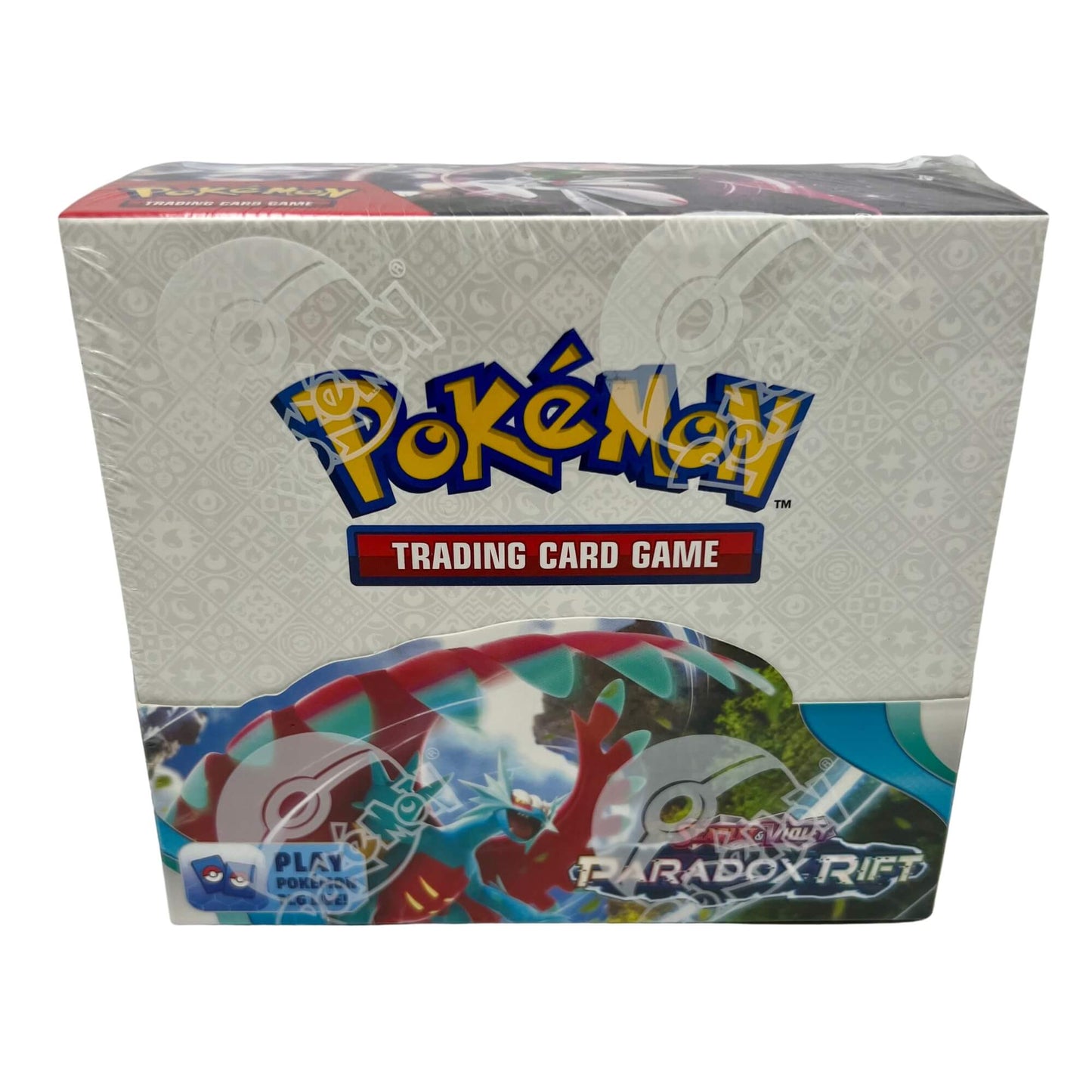 Frontansicht eines Pokemon Scarlet & Violet Paradox Rift Booster Displays in englisch