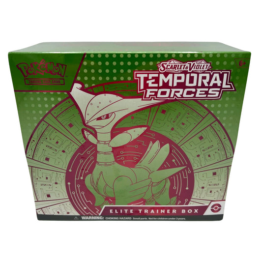 Frontansicht einer Pokémon Scarlet & Violet Temporal Forces Elite Trainer Box Iron Leaves in Englisch