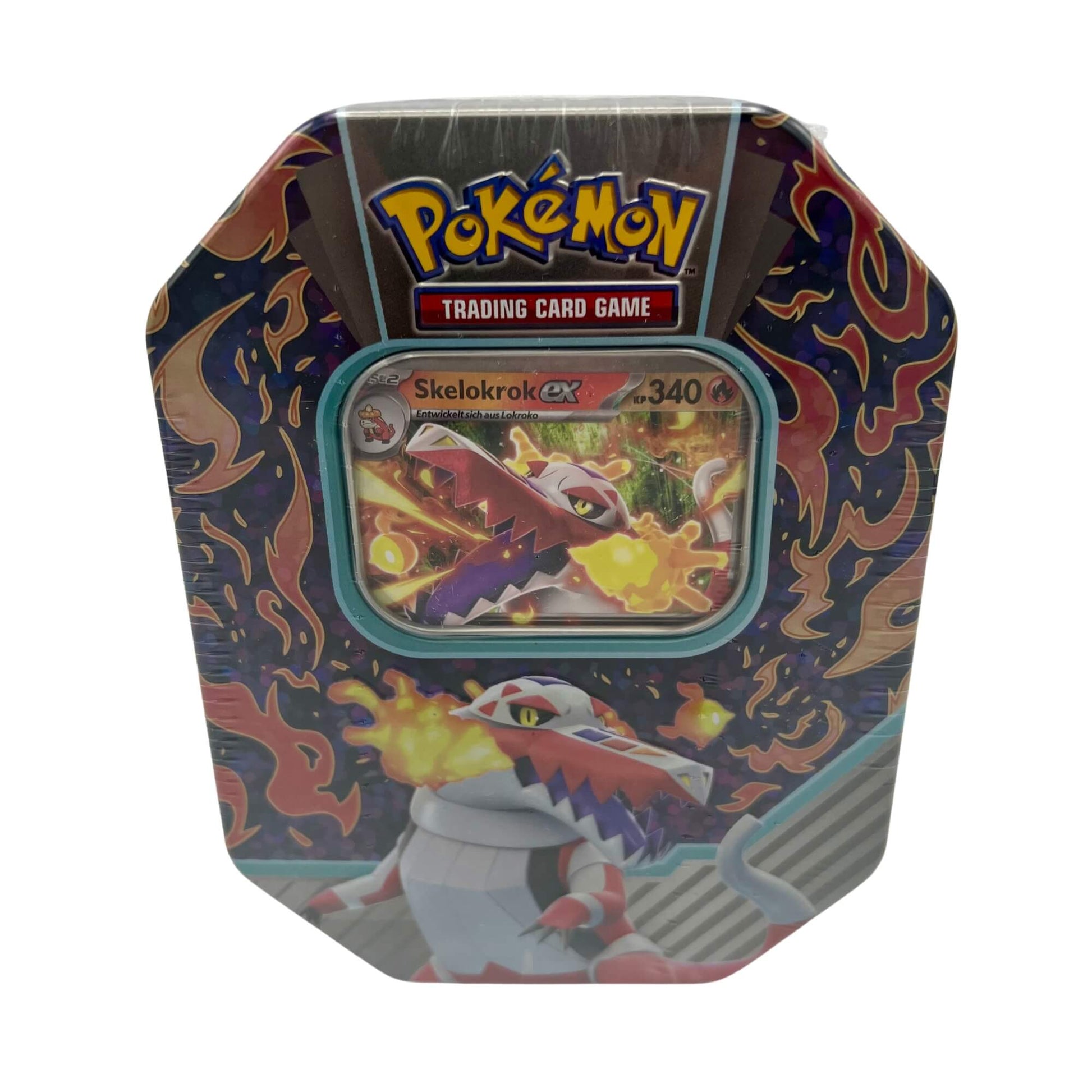 Frontansicht einer Pokemon Skelokrok EX Tin Box in deutsch