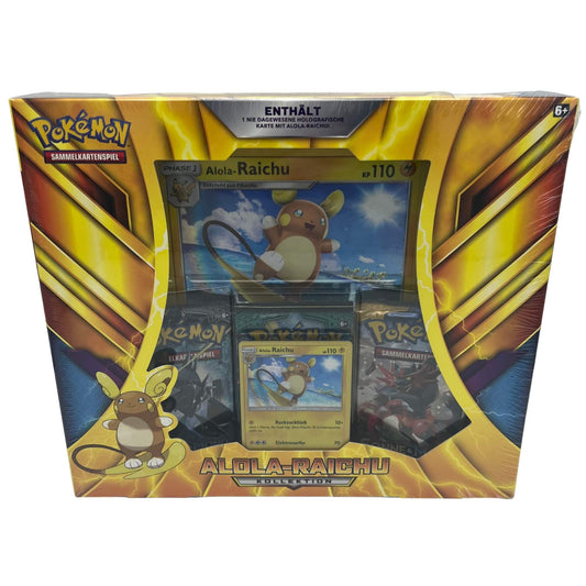 Frontansicht einer Pokemon Sonne & Mond Alolan Raichu Box deutsch